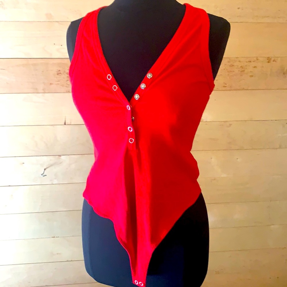 Red Button Up Body Suit Large